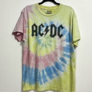 Vintage 2020 Tie-Dye AC/DC Large T-Shirt - Faded Yellow/Pink/Blue, No Holes!